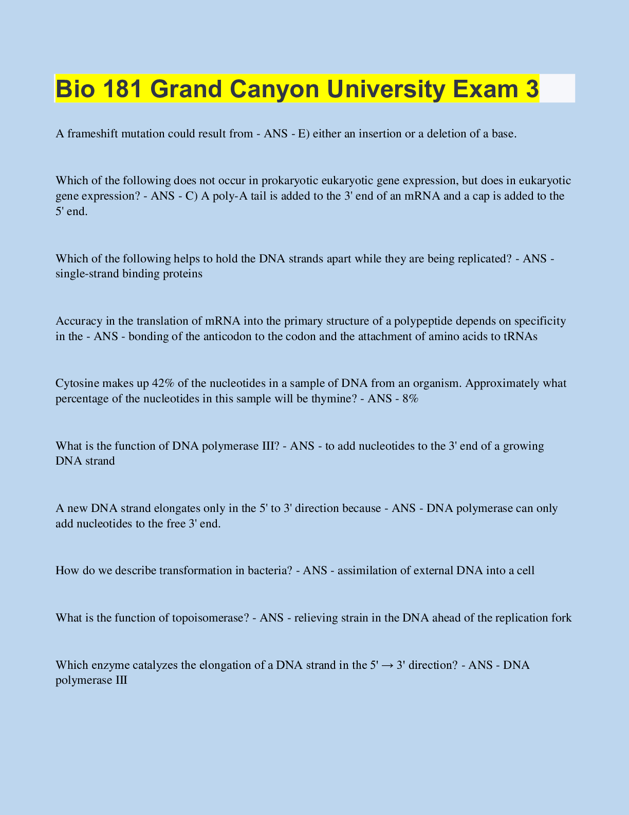 Preview of Bio 181 Grand Canyon University Exam 3